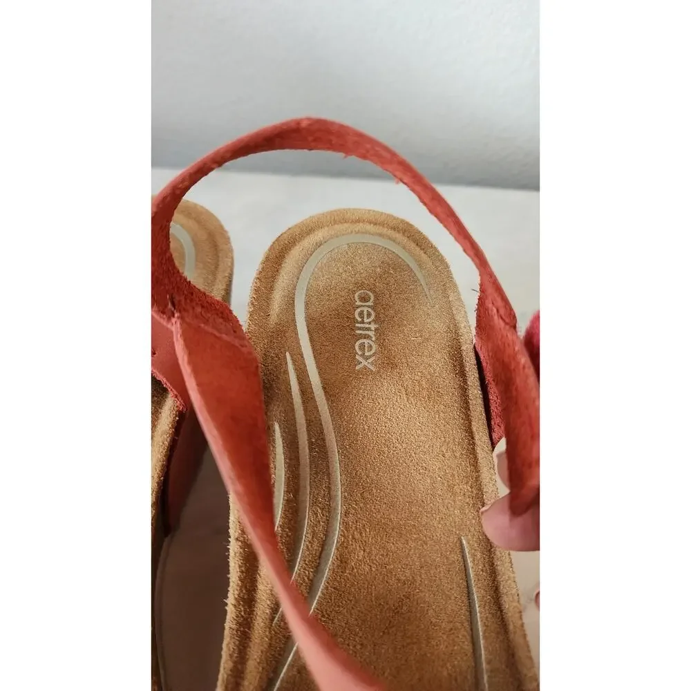 Aetrex Lexa Orthotic Strap Wedge Sandal Coral Leather Sz 9-9.5 Cork Sandal